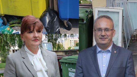 Na zdjęciu: Radna Jolanta Oneta Roszkowska z PiS oraz związany z ugrupowaniem Nasze Miasto burmistrz Mirosław Karolczuk - czyli przedstawiciele stronnictw politycznych popierających nową metodę naliczania opłat za śmieci w Augustowie.