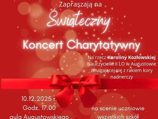 Plakat ze szczegółami dotyczącymi Świątecznego Koncertu Charytatywnego.