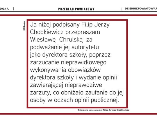 Archiwum PP: Przeprosiny Filipa Jerzego Chodkiewicza opublikowane w "Przeglądzie Powiatowym".