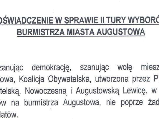 Koalicja Obywatelska i Augustowska Lewica nie poprą żadnego kandydata na burmistrza 
