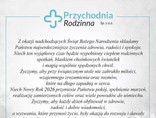 Przychodnia Rodzinna przy ul. Hożej składa serdeczne życzenia świąteczne mieszkańcom Augustowa