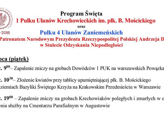 Zapraszamy na święto 1 Pułku Ułanów Krechowieckich 