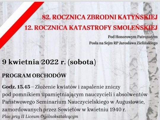 Zaproszenie na augustowskie obchody 82. rocznicy zbrodni katyńskiej i 12. rocznicy katastrofy smoleńskiej