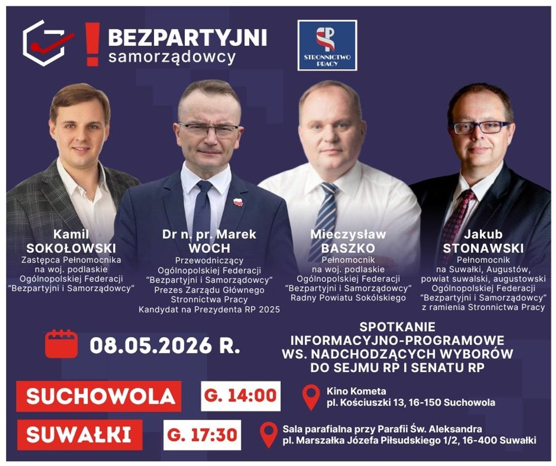 Bezpartyjni Samorządowcy zapraszają na spotkania przedwyborcze w Suchowoli i Suwałkach