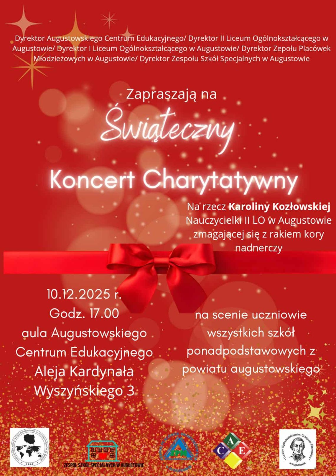 Plakat ze szczegółami dotyczącymi Świątecznego Koncertu Charytatywnego.