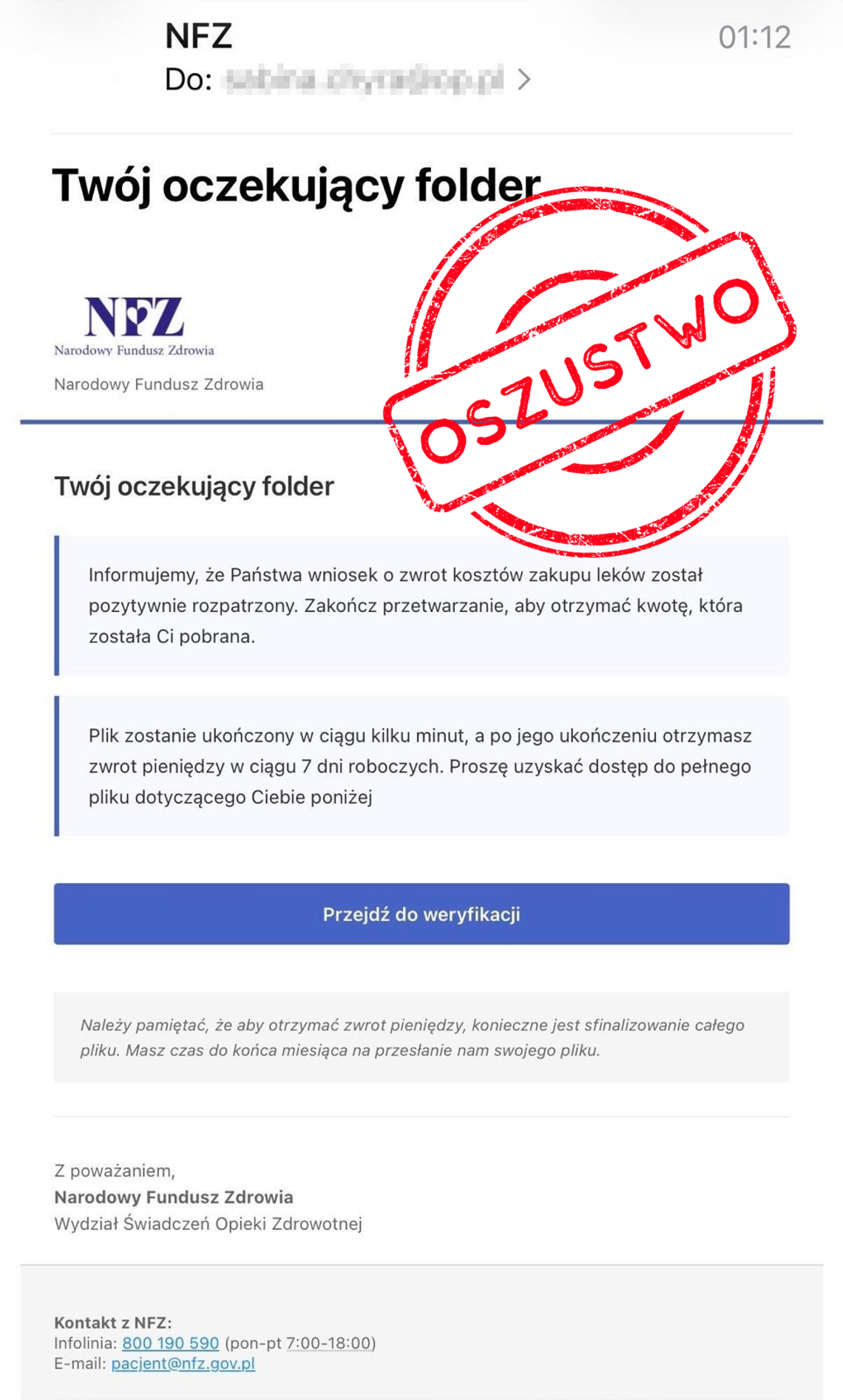 Fałszywe wiadomości e-mail. Nowa próba oszustwa „na NFZ”