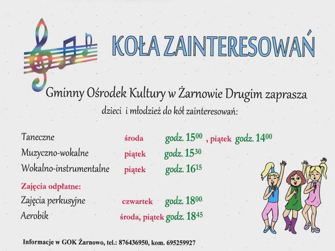 Gminny Ośrodek Kultury w Żarnowie Drugim zaprasza dzieci i młodzież do kół zainteresowań.