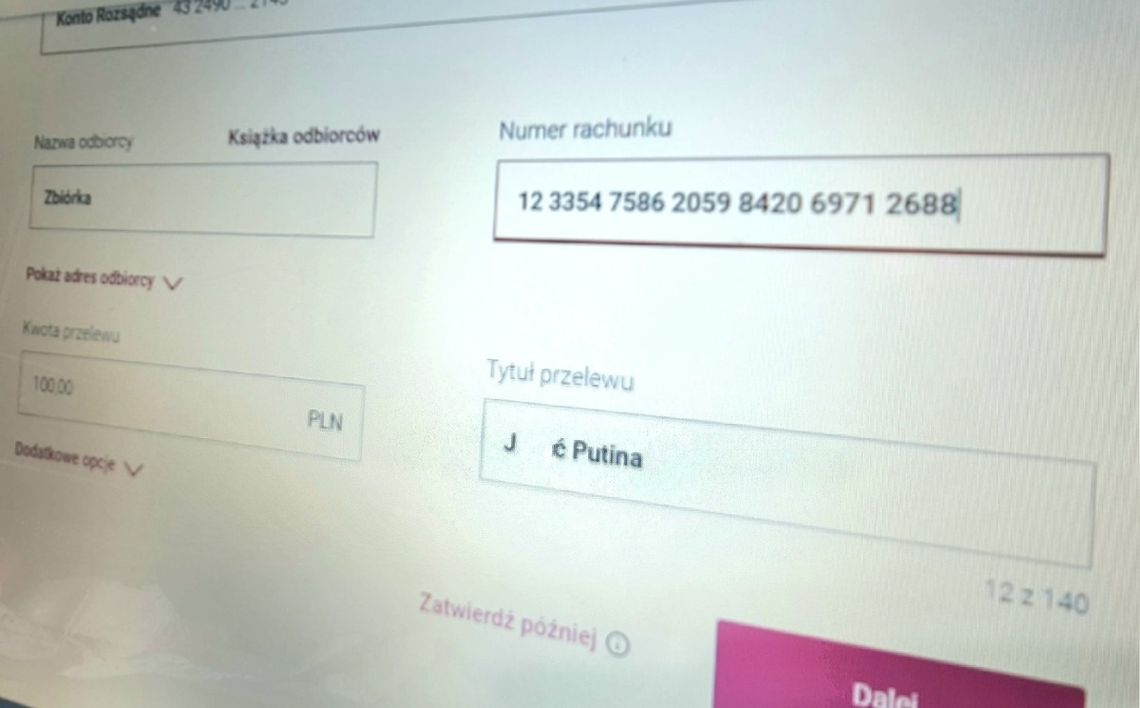 "J***ć Putina" w tytule przelewu? Bank może wstrzymać operację 