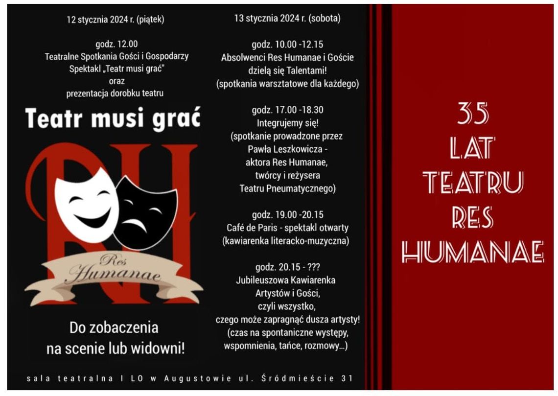 Jubileuszowe obchody 35-lecia augustowskiego Teatru Res Humanae: teatralna fiesta w I LO w Augustowie