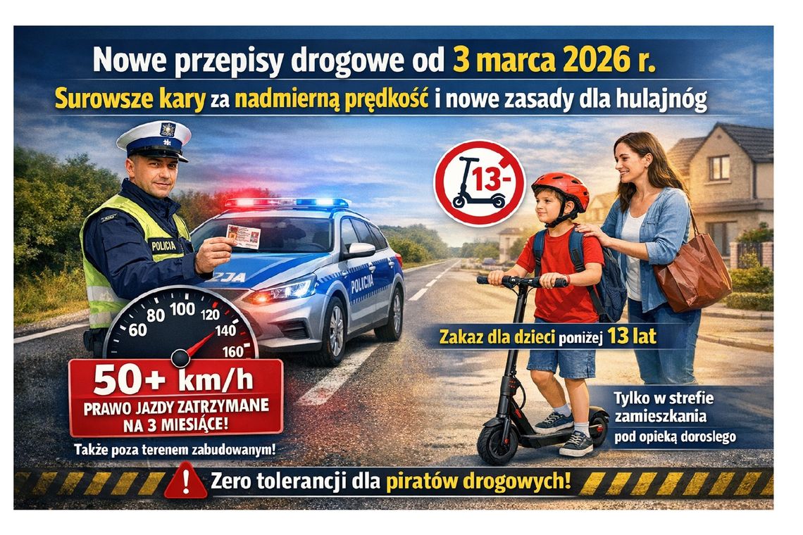 Nowe przepisy drogowe od 3 marca 2026 r. Surowsze kary za nadmierną prędkość i nowe zasady dla hulajnóg Nowe przepisy drogowe od 3 marca 2026 r. Surowsze kary za nadmierną prędkość i nowe zasady dla hulajnóg