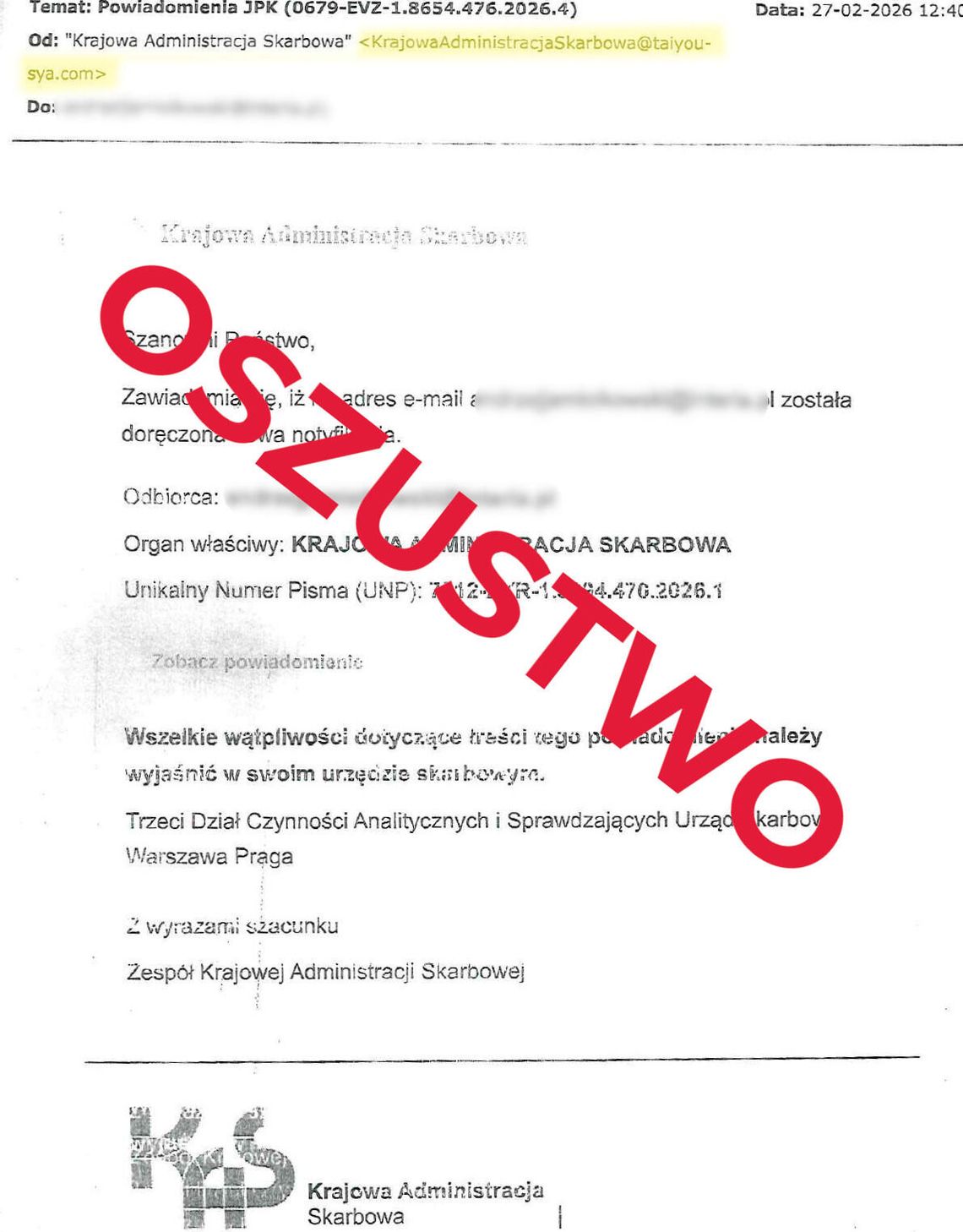 Oszuści podszywają się pod Krajową Administrację Skarbową. Nie daj się okraść! Oszuści podszywają się pod Krajową Administrację Skarbową. Nie daj się okraść!