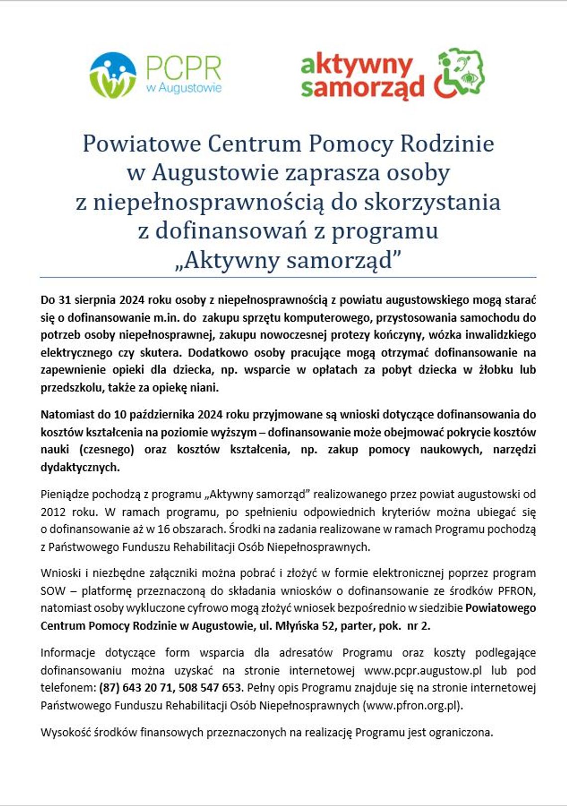 PCPR w Augustowie -informacja o dofinansowaniach dla osób z niepełnosprawnościami PCPR w Augustowie -informacja o dofinansowaniach dla osób z niepełnosprawnościami