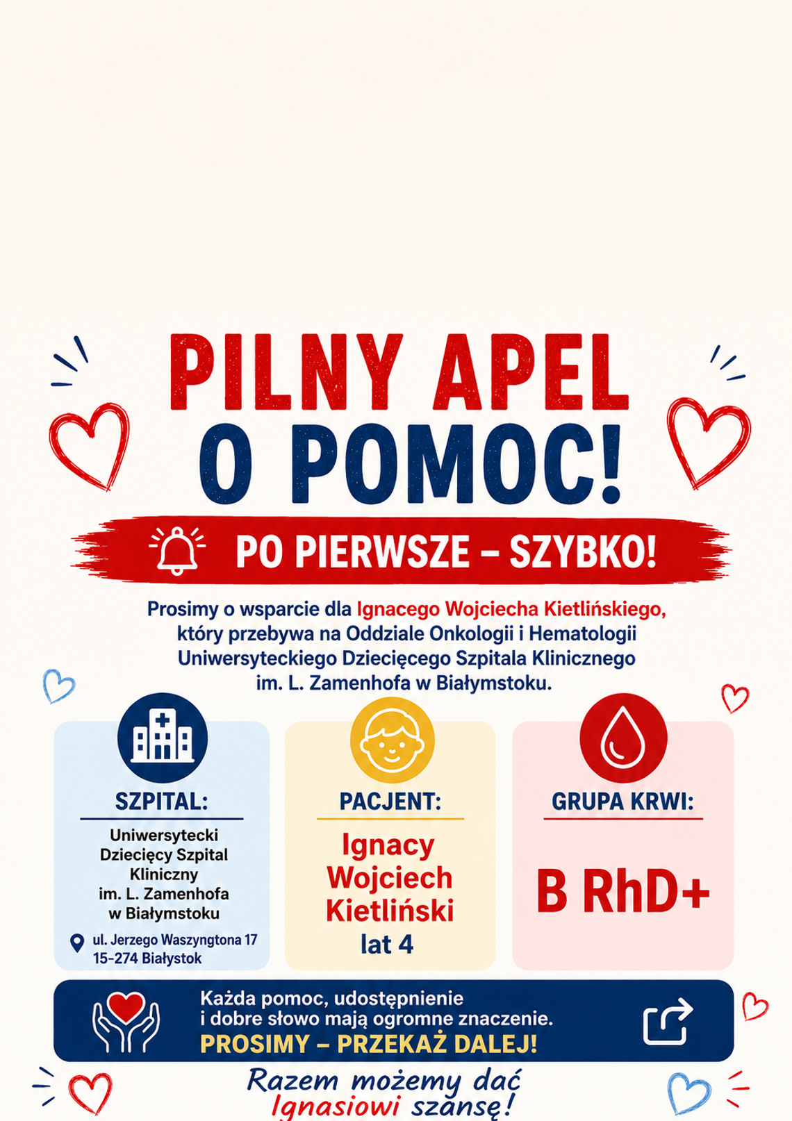 Prośba o pomoc dla 4-letniego Ignacego Wojciecha Kietlińskiego Prośba o pomoc dla 4-letniego Ignacego Wojciecha Kietlińskiego