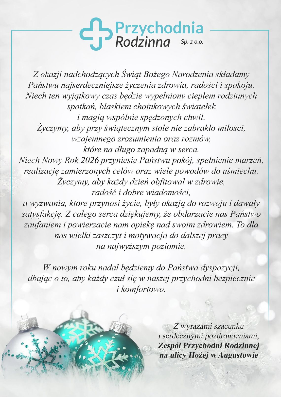 Przychodnia Rodzinna przy ul. Hożej składa serdeczne życzenia świąteczne mieszkańcom Augustowa