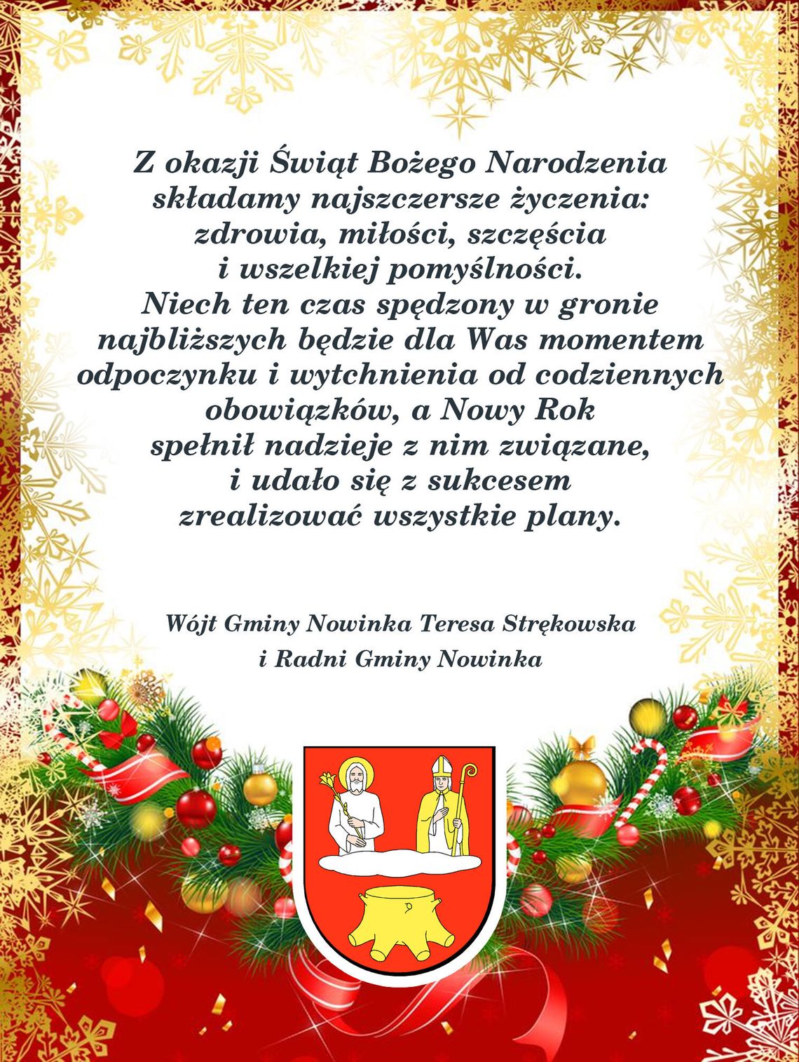 Władze Gminy Nowinka składają serdeczne życzenia mieszkańcom