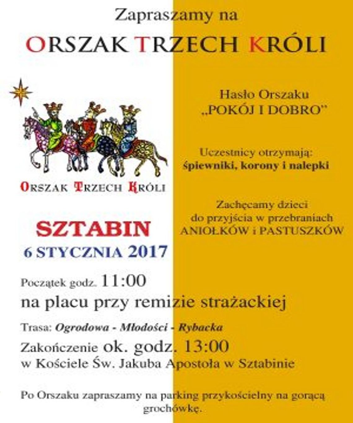 Zapraszamy na Orszak Trzech Króli w dniu 6 stycznia 2017r. w Sztabinie