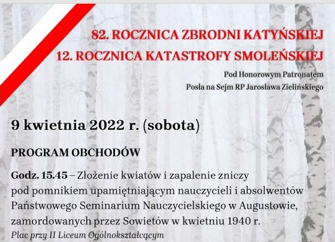 Zaproszenie na augustowskie obchody 82. rocznicy zbrodni katyńskiej i 12. rocznicy katastrofy smoleńskiej